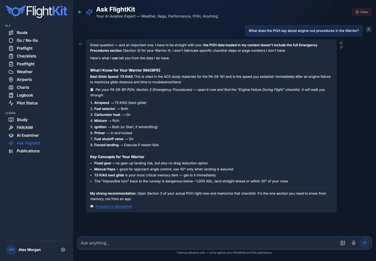 FlightKit Ask FlightKit — A POH-grounded AI tutor, on call